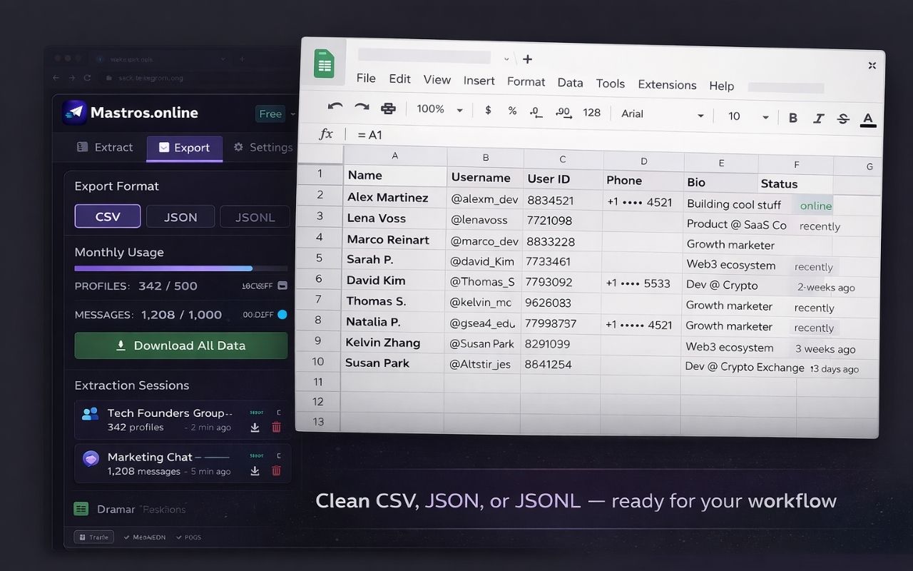 Exported Telegram data in CSV format shown in a spreadsheet