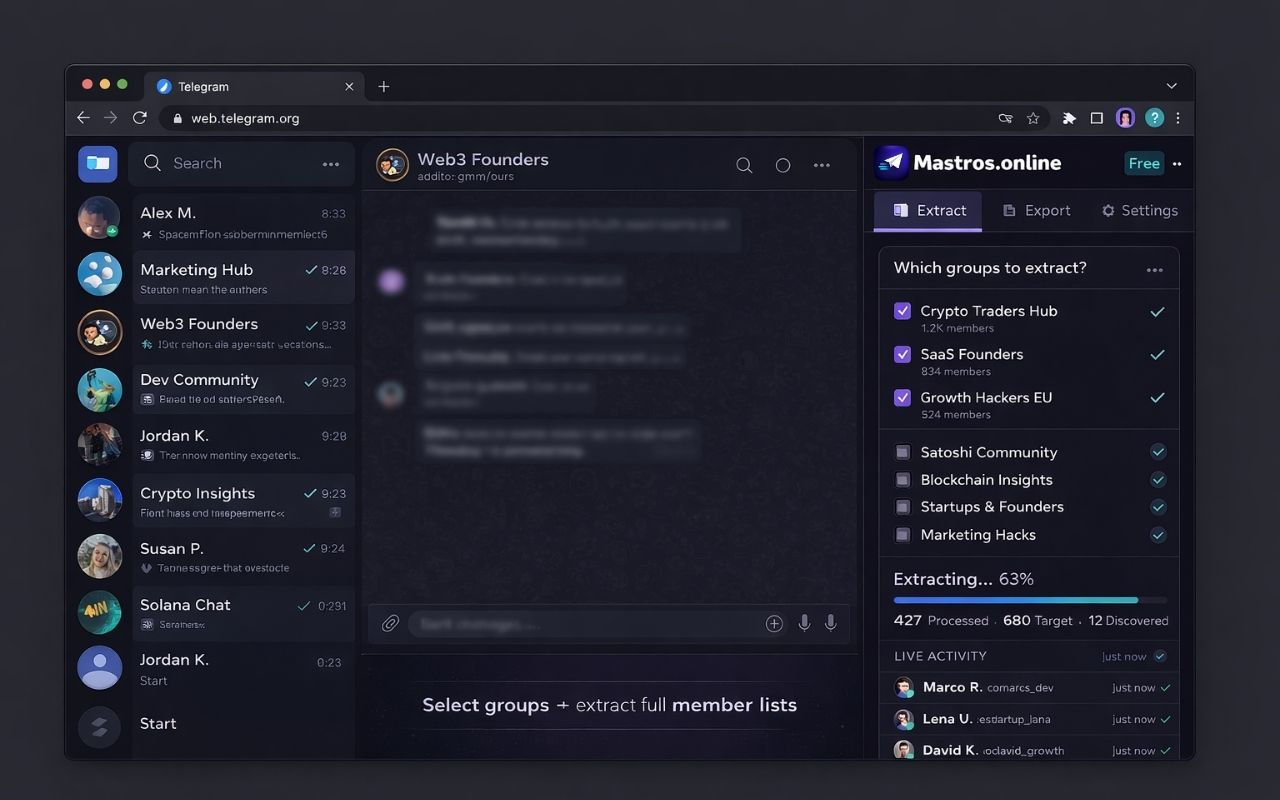 Selecting Telegram groups to extract members with live progress