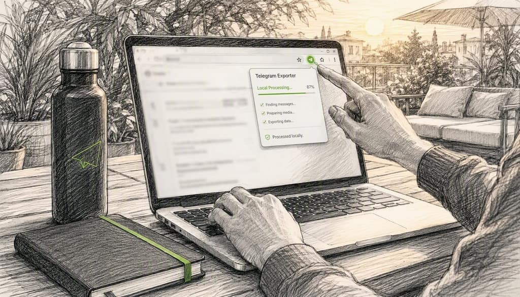 Hands activating Telegram export extension in browser