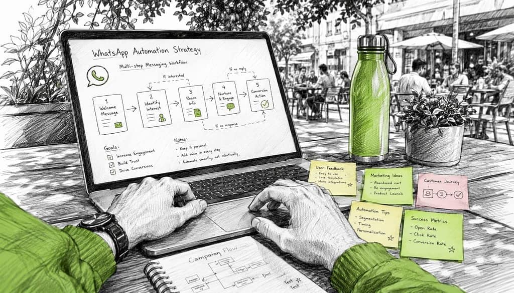 Hands typing marketing automation sequences