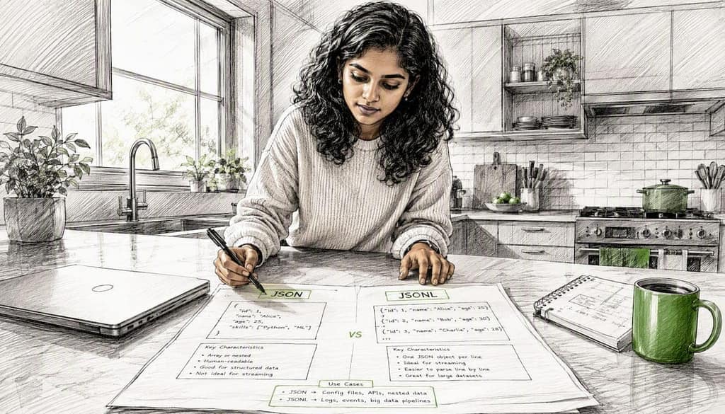 Engineer analyzing JSON vs JSONL comparison tables
