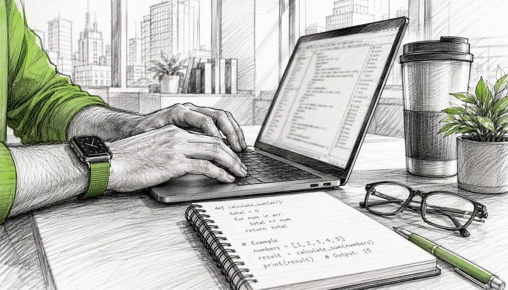 Hands typing JSONL file content on laptop