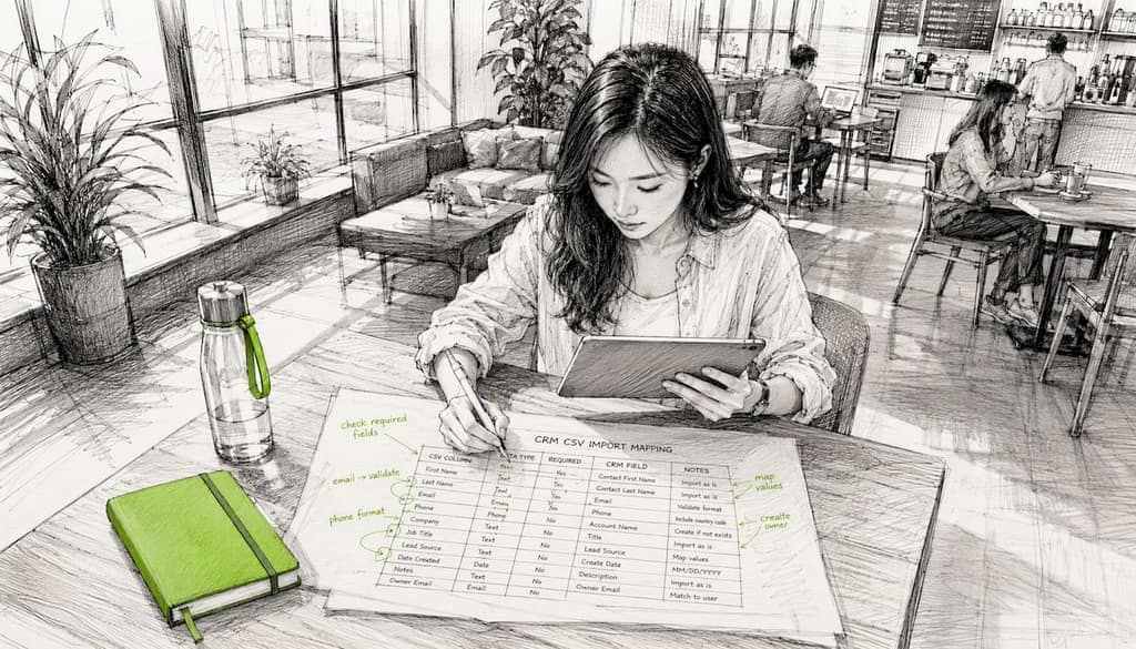 Woman mapping CSV fields for CRM import at coworking space