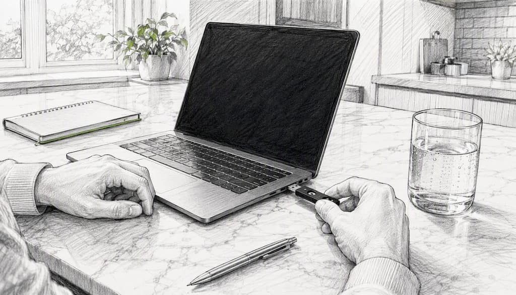 Hands plugging USB security key into laptop