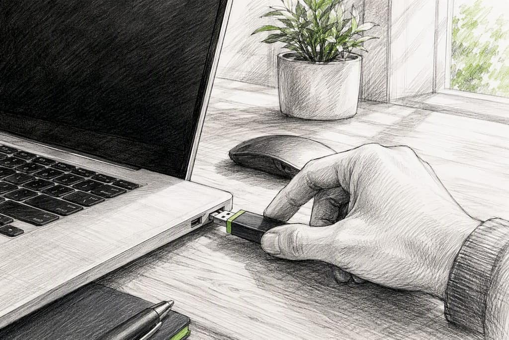 Hand inserting USB drive near dark laptop