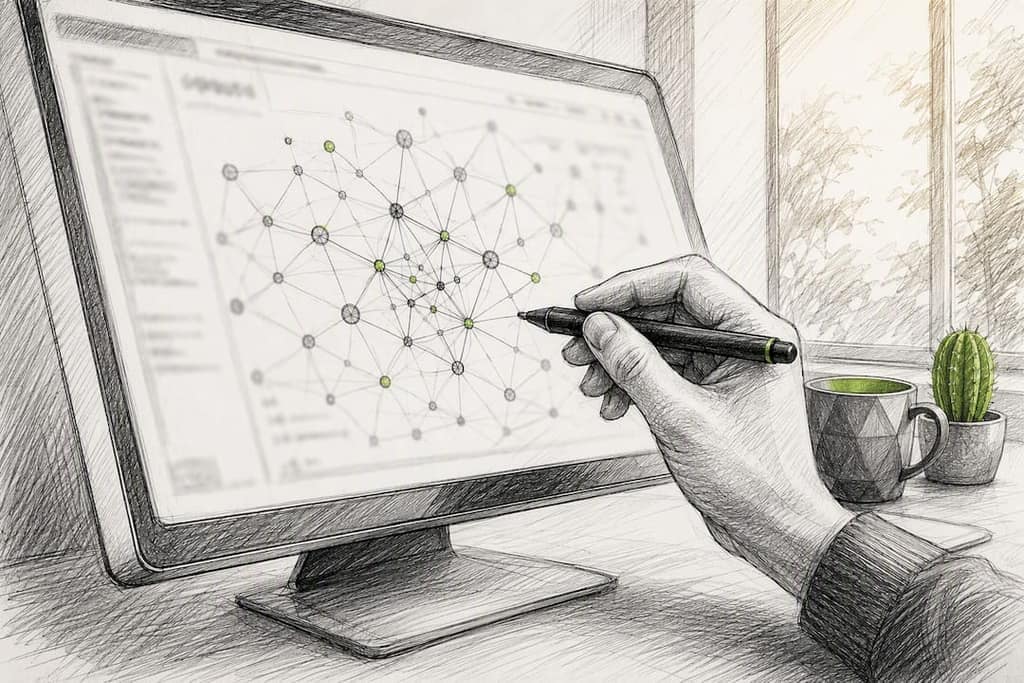 Hand interacting with network graph on touchscreen