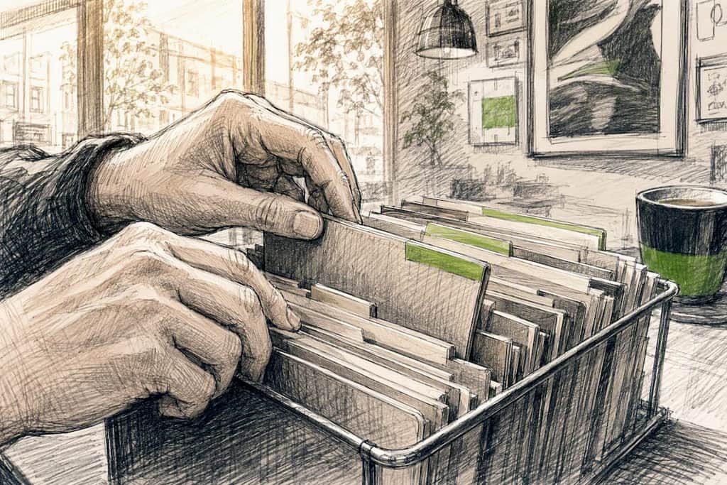 Hands sorting and checking file order on desk