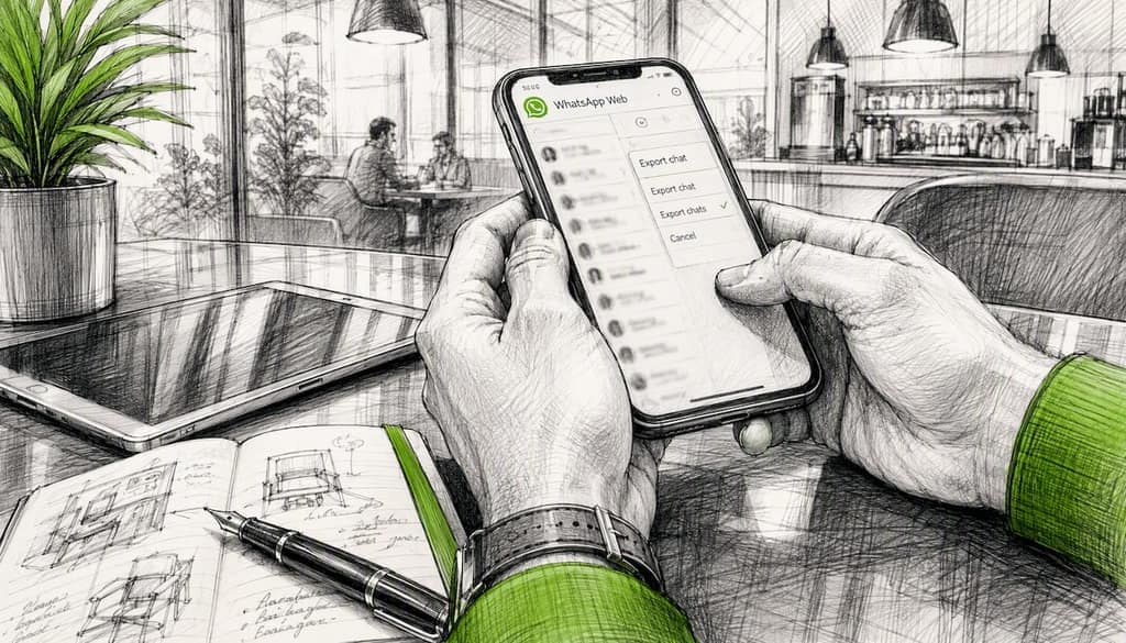 Hands holding phone with WhatsApp Web interface
