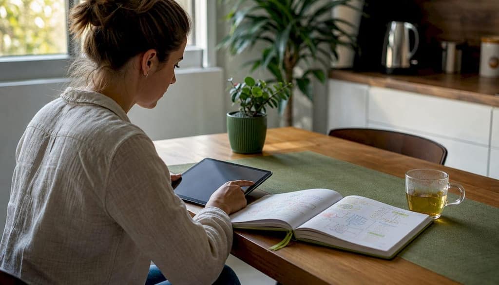 Hands typing and taking notes on project management