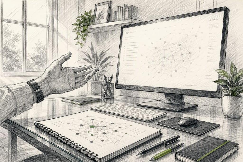 Hand pointing at network graph on desk