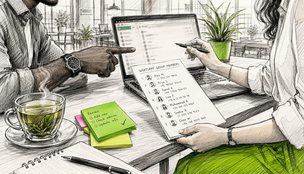 Two people reviewing WhatsApp group members