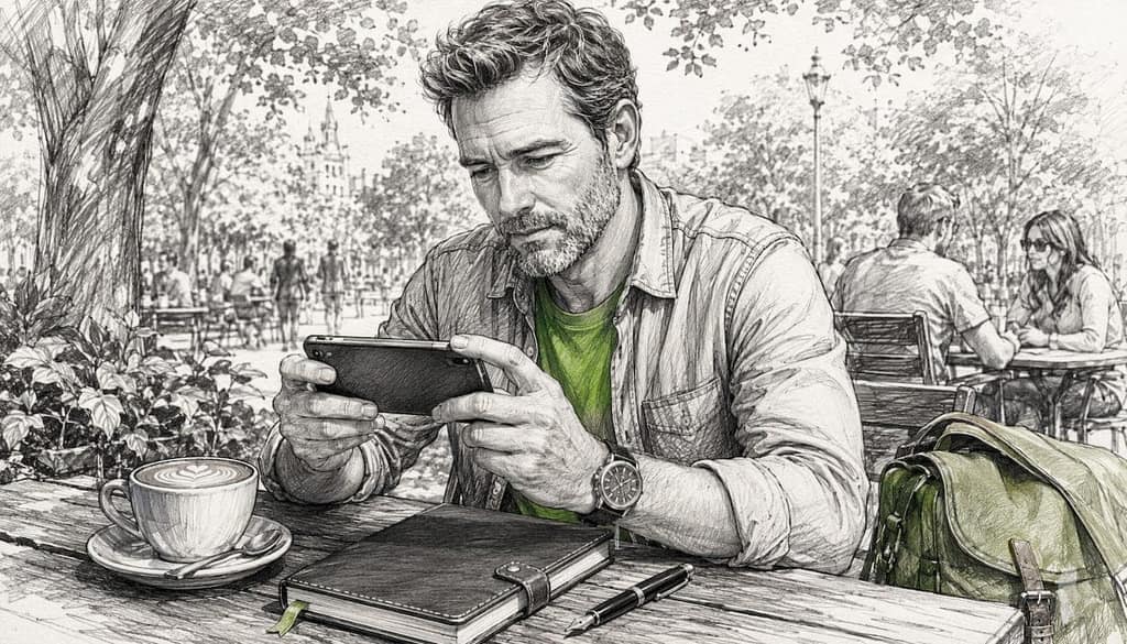 Hands holding phone in café setting