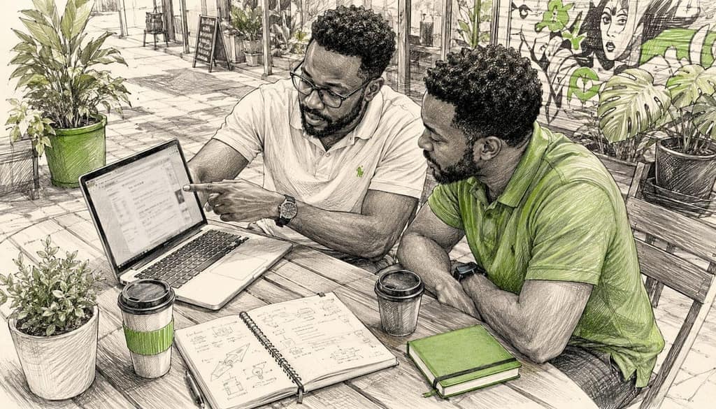Two men using Chrome extension on laptop