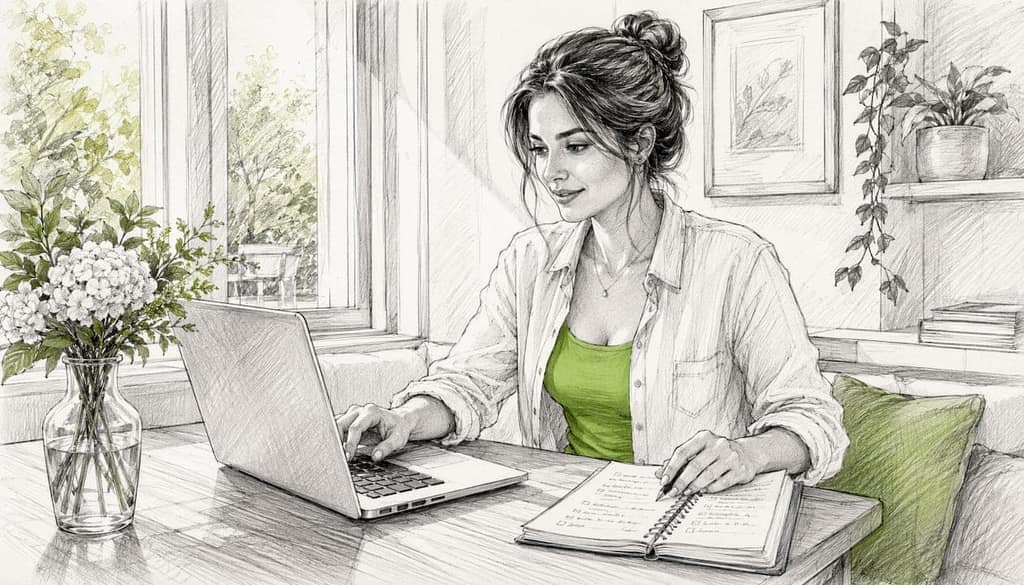 Overhead workspace with laptop and privacy materials