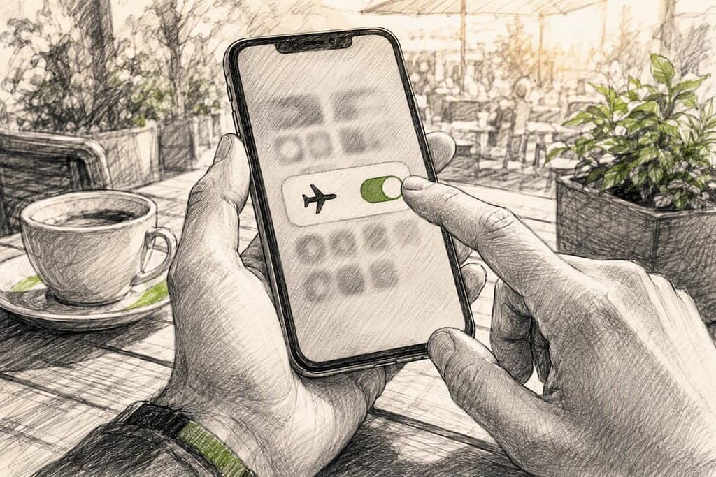 Hand enabling airplane mode on smartphone