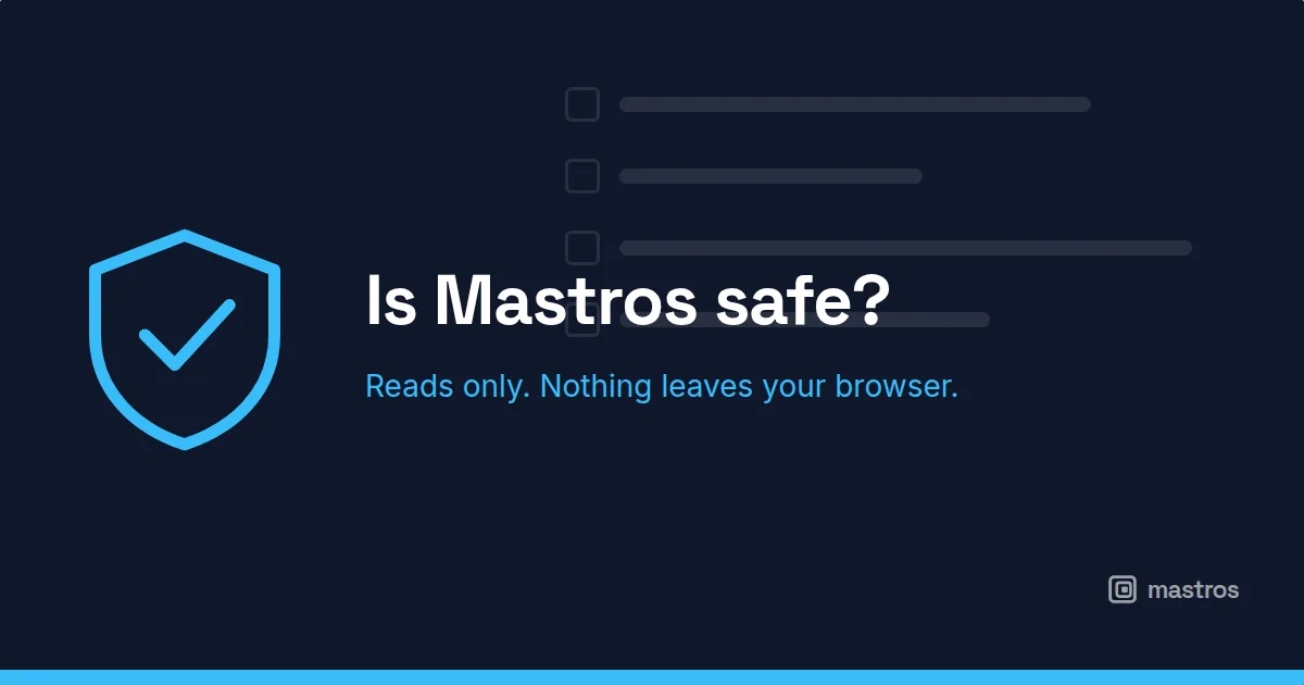 A shield glyph over a permissions list on a dark background, for is mastros safe