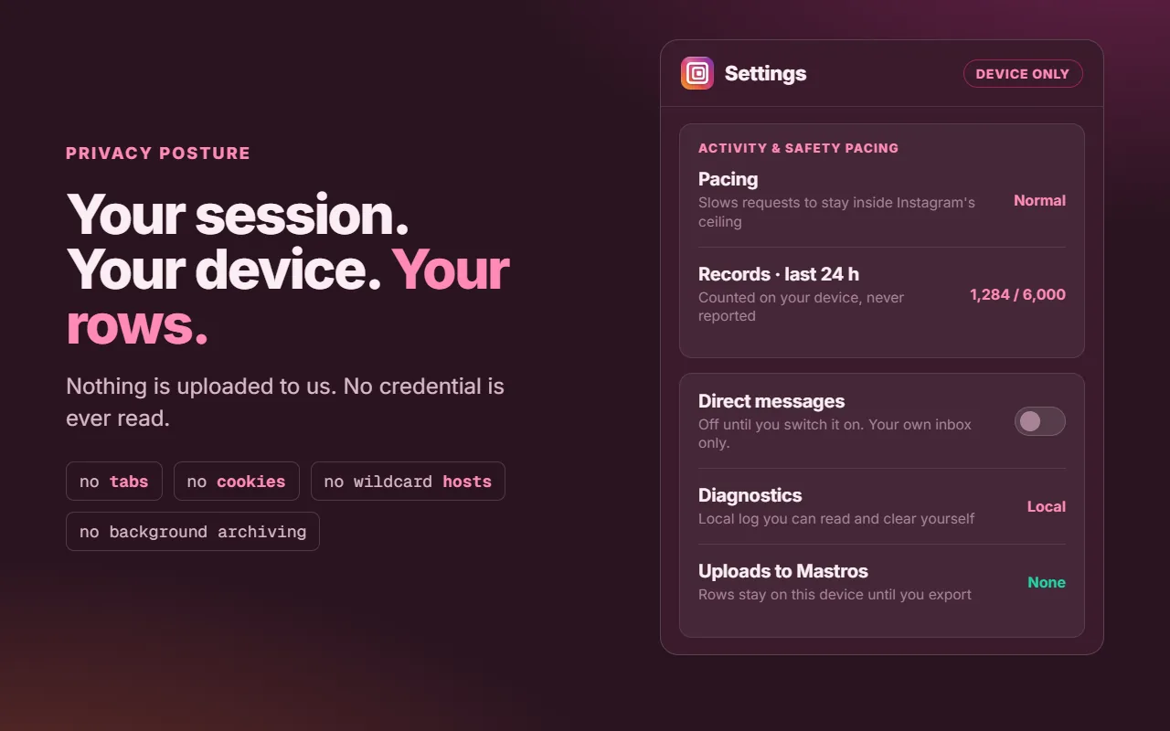 The Mastros settings tab: pacing set to normal, records counted on the device, direct messages off by default, diagnostics local, and uploads to Mastros none.