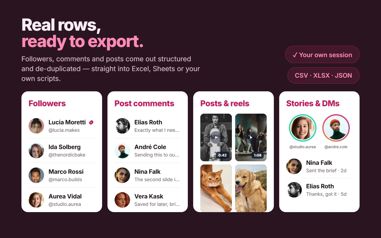 Four export previews side by side: followers, post comments, posts and reels with media thumbnails, and stories and direct messages.